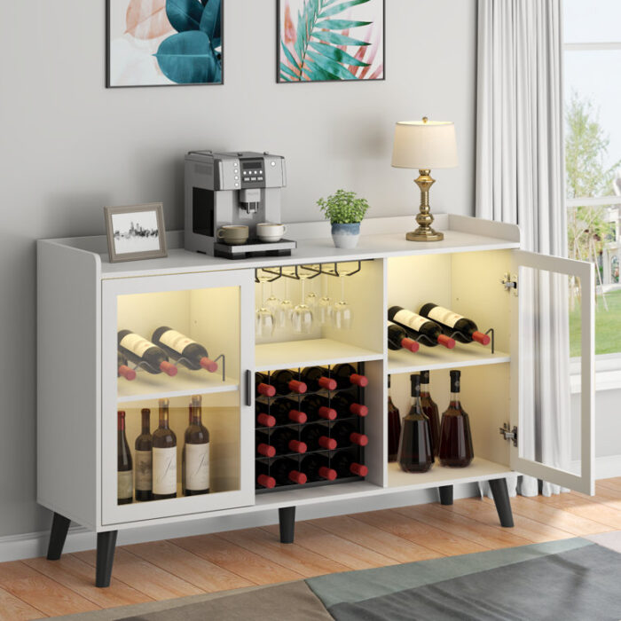 Ermo Wine Bar Cabinet with Led Light, Home Coffee Cabinet with Wine and Glass Rack - Chic Decora