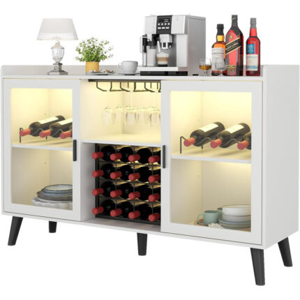 Ermo Wine Bar Cabinet with Led Light, Home Coffee Cabinet with Wine and Glass Rack - Chic Decora