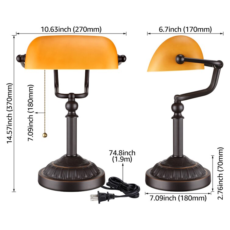 Fallon Vintage Bankers Lamp with Pull Chain Switch Traditional Amber Glass Shade Table Lamp - Chic Decora