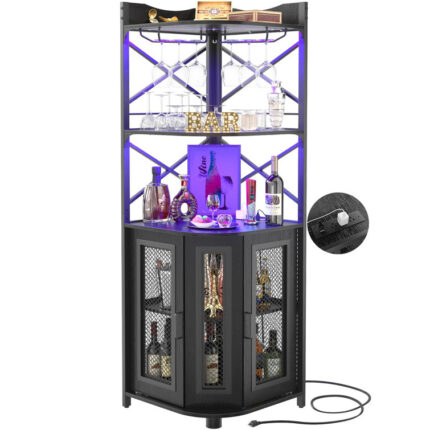 Glorimar 64.2 â€Height, 25.6”WidthConner Bar Cabinet with Wine Storage and Led Strip - Chic Decora