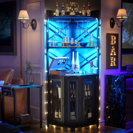 Glorimar 64.2 â€Height, 25.6”WidthConner Bar Cabinet with Wine Storage and Led Strip - Chic Decora