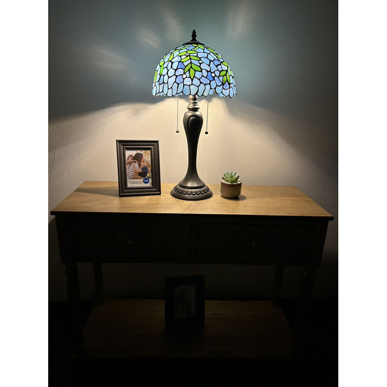 Hallmar Tiffany Table Lamp Blue Stained Glass Green Leaves Included LED Bulbs 22″ H*12″W - Chic Decora