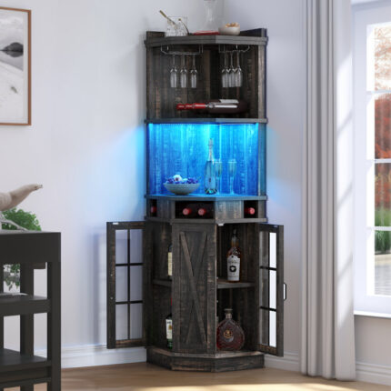 Hummel72″ H Corner Bar with Wine Storage, Liquor Cabinet Bar with Glass & Wine Holder & LED Lights - Chic Decora