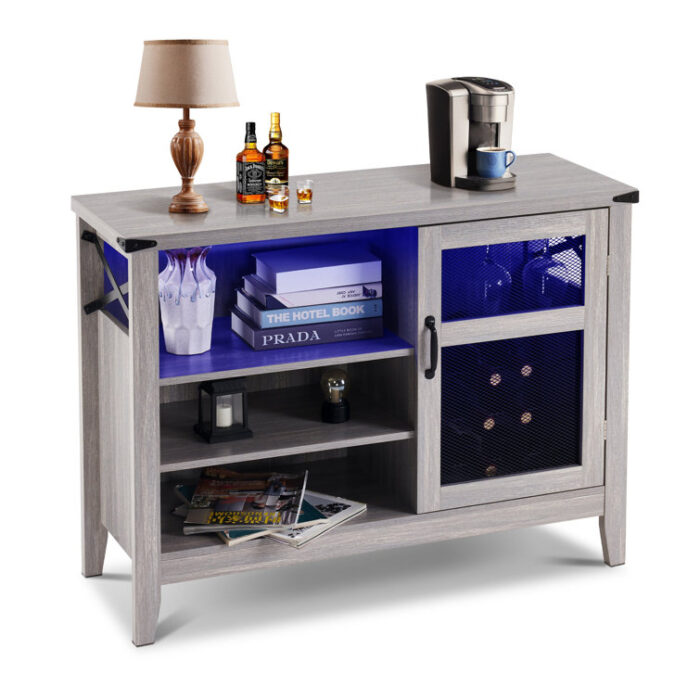 LED Wine Cabinet,Coffee Bar with Storage, Industrial Design, and 6-Color LED Lights - Chic Decora