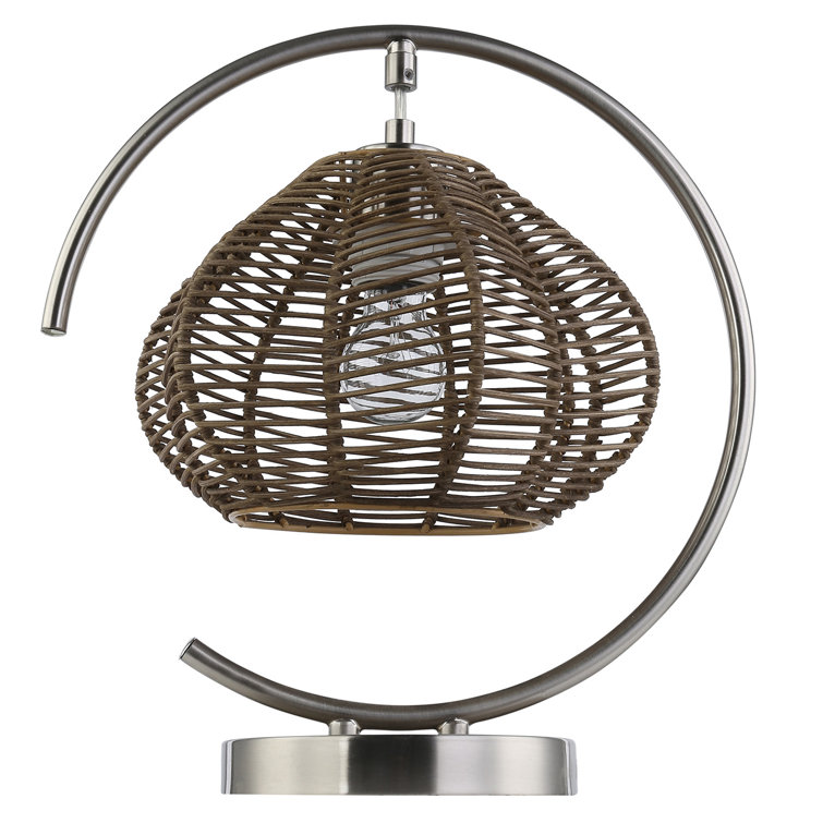 Lystra 13.75″H Brushed Nickel Iron Table Lamp with Rattan Shade - Chic Decora