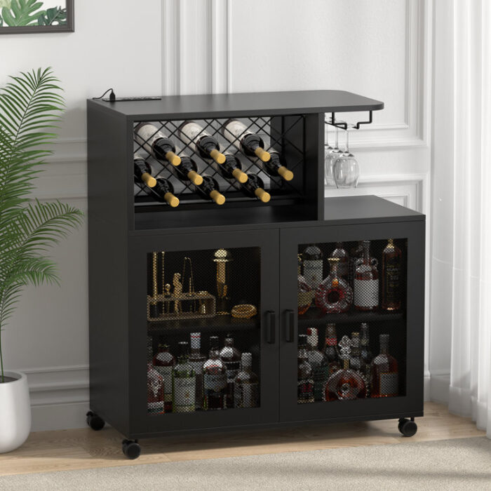 Mekaal Bar Cabinet with Power Outlet, Glass Holder, Wheels and LED Lights, Sideboard with Doors - Chic Decora