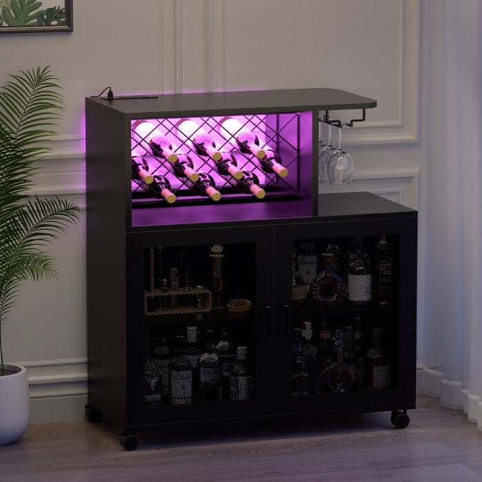 Mekaal Bar Cabinet with Power Outlet, Glass Holder, Wheels and LED Lights, Sideboard with Doors - Chic Decora