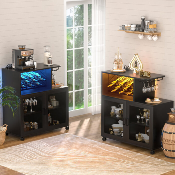 Mekaal Bar Cabinet with Power Outlet, Glass Holder, Wheels and LED Lights, Sideboard with Doors - Chic Decora