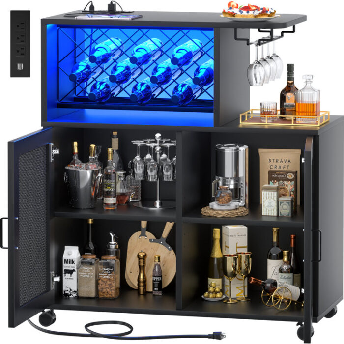 Mekaal Bar Cabinet with Power Outlet, Glass Holder, Wheels and LED Lights, Sideboard with Doors - Chic Decora