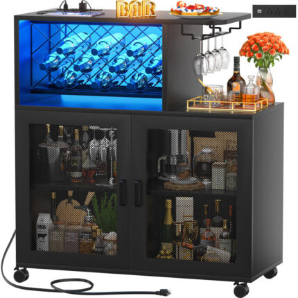 Mekaal Bar Cabinet with Power Outlet, Glass Holder, Wheels and LED Lights, Sideboard with Doors - Chic Decora