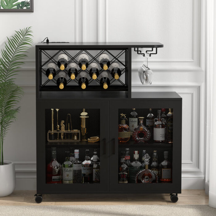 Mekaal Bar Cabinet with Power Outlet, Glass Holder, Wheels and LED Lights, Sideboard with Doors - Chic Decora