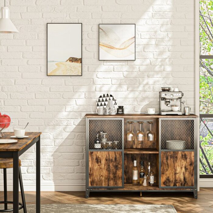 Mera 44” Wine Bar Cabinet with Glass Holder with Barn Door for Dining Room, Living Room - Chic Decora