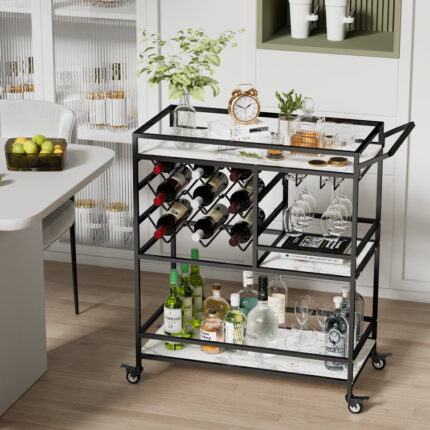 Mirvjena 3-Tier Metal Bar Cart with Wine Rack and Glass Storage - Chic Decora