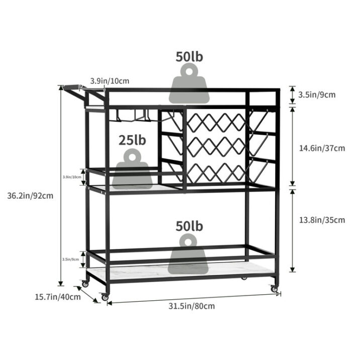 Mirvjena 3-Tier Metal Bar Cart with Wine Rack and Glass Storage - Chic Decora