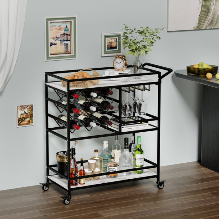 Mirvjena 3-Tier Metal Bar Cart with Wine Rack and Glass Storage - Chic Decora