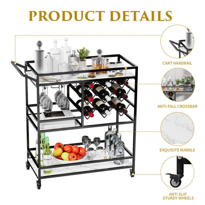 Mirvjena 3-Tier Metal Bar Cart with Wine Rack and Glass Storage - Chic Decora