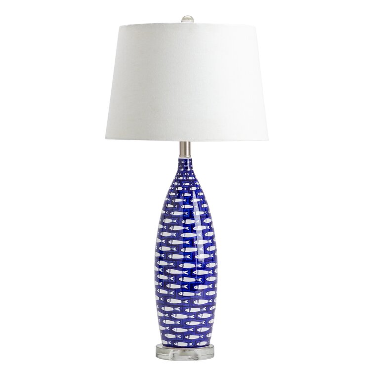 Mya 30″ Ceramic Fish Lamp with Tapered Drum Shade, Blue - Chic Decora