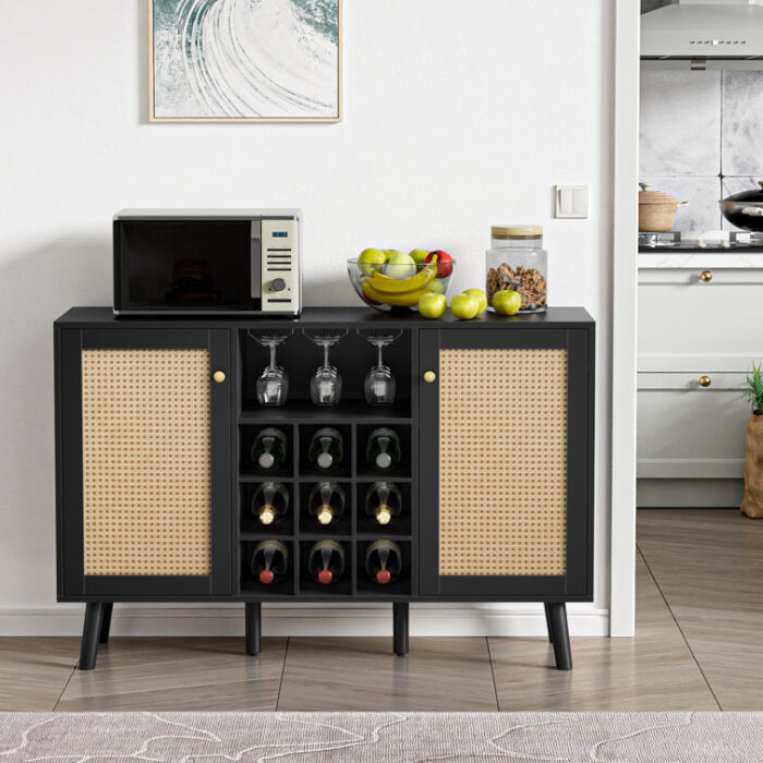 Rattan Wine Bar Cabinet 2-Door Farmhouse Liquor Cabinet with Wine Rack and Glass Holder - Chic Decora