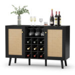 Rattan Wine Bar Cabinet 2-Door Farmhouse Liquor Cabinet with Wine Rack and Glass Holder - Chic Decora