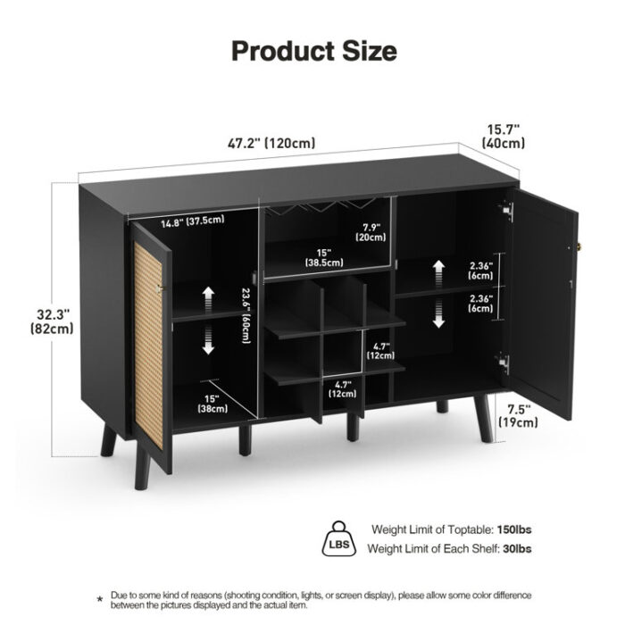 Rattan Wine Bar Cabinet 2-Door Farmhouse Liquor Cabinet with Wine Rack and Glass Holder - Chic Decora