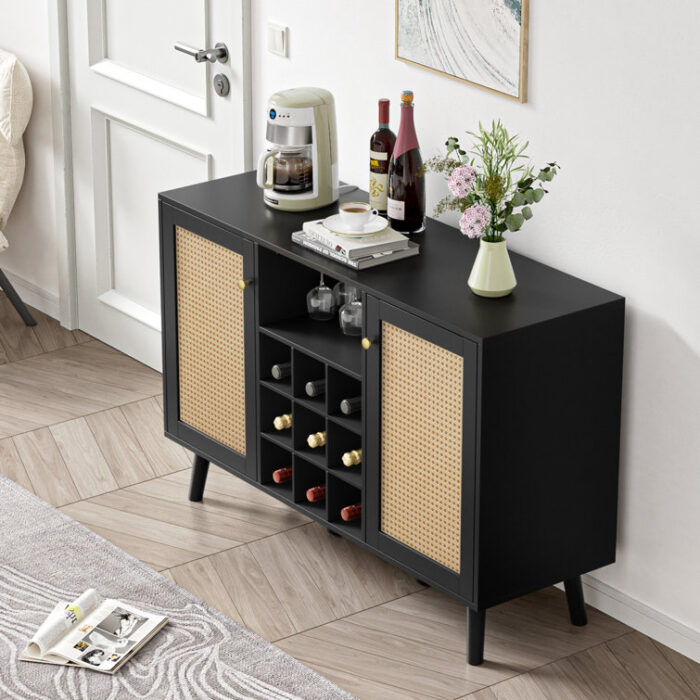 Rattan Wine Bar Cabinet 2-Door Farmhouse Liquor Cabinet with Wine Rack and Glass Holder - Chic Decora