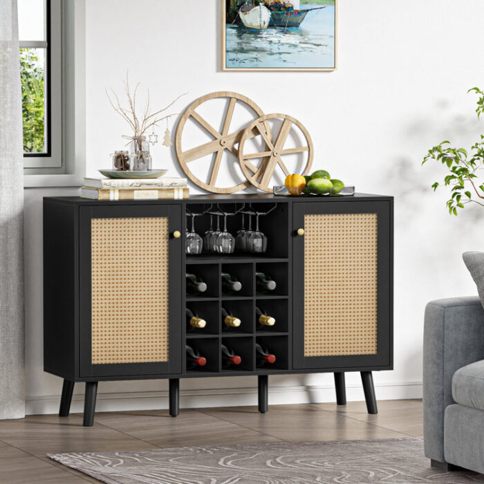 Rattan Wine Bar Cabinet 2-Door Farmhouse Liquor Cabinet with Wine Rack and Glass Holder - Chic Decora