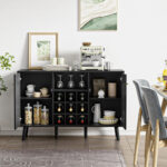 Rattan Wine Bar Cabinet 2-Door Farmhouse Liquor Cabinet with Wine Rack and Glass Holder - Chic Decora