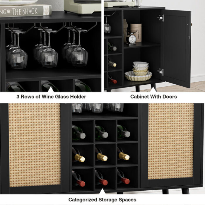 Rattan Wine Bar Cabinet 2-Door Farmhouse Liquor Cabinet with Wine Rack and Glass Holder - Chic Decora