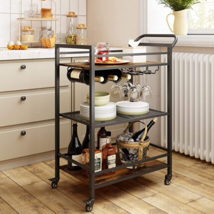 3-Tier Kitchen Island Cart Rolling Service Trolley With Bamboo Top - Chic Decora