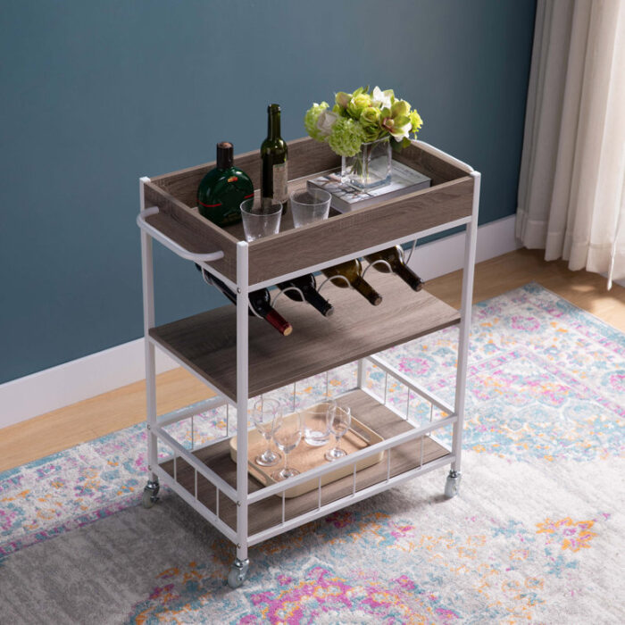 Rolling Kitchen Cart With Three Tiers And Four Wine Bottle Rack - Chic Decora