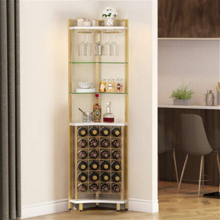 Samontha 67″ Height Corner Bar Cabinet with LED Light and Outlet, Freestanding Corner Wine Rack with 6 Tier Wine Rack and Goblet Rack - Chic Decora