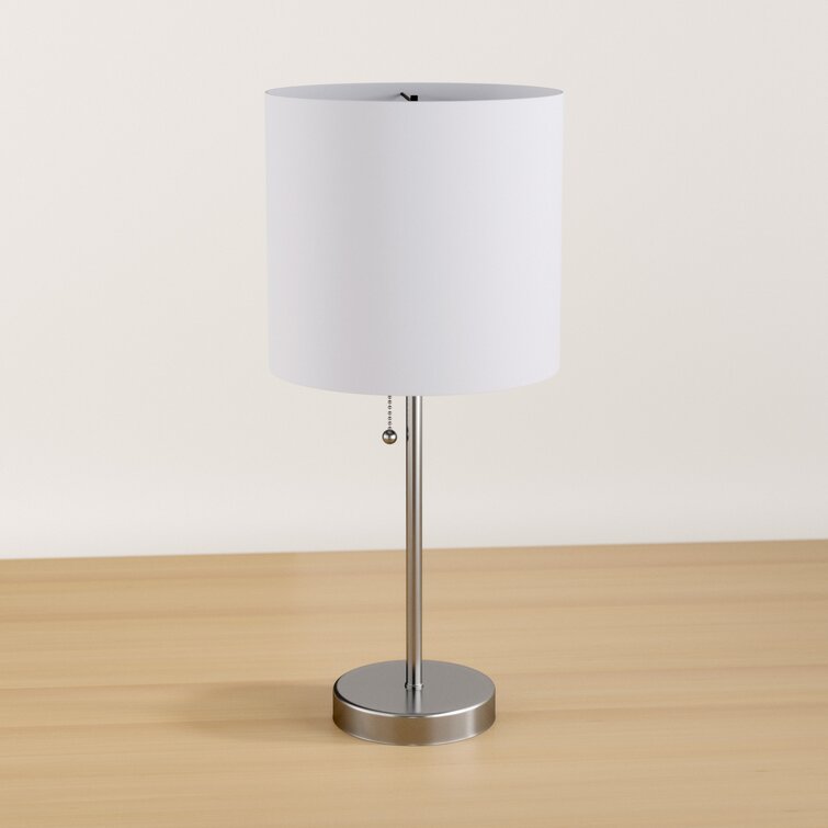 Sarriah Modern Stick Accent Table Lamp with Pull Chain and White Fabric Shade, Brushed Steel - Chic Decora