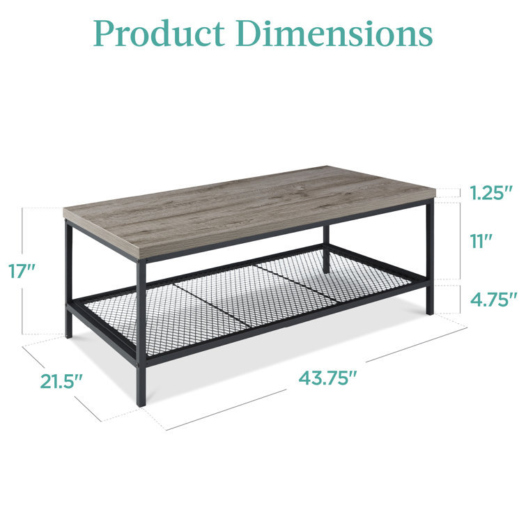 Shaunda 44in 2-Tier Modern Industrial Rectangular Wood Coffee Table w/ Mesh Shelf, Metal Frame - Chic Decora