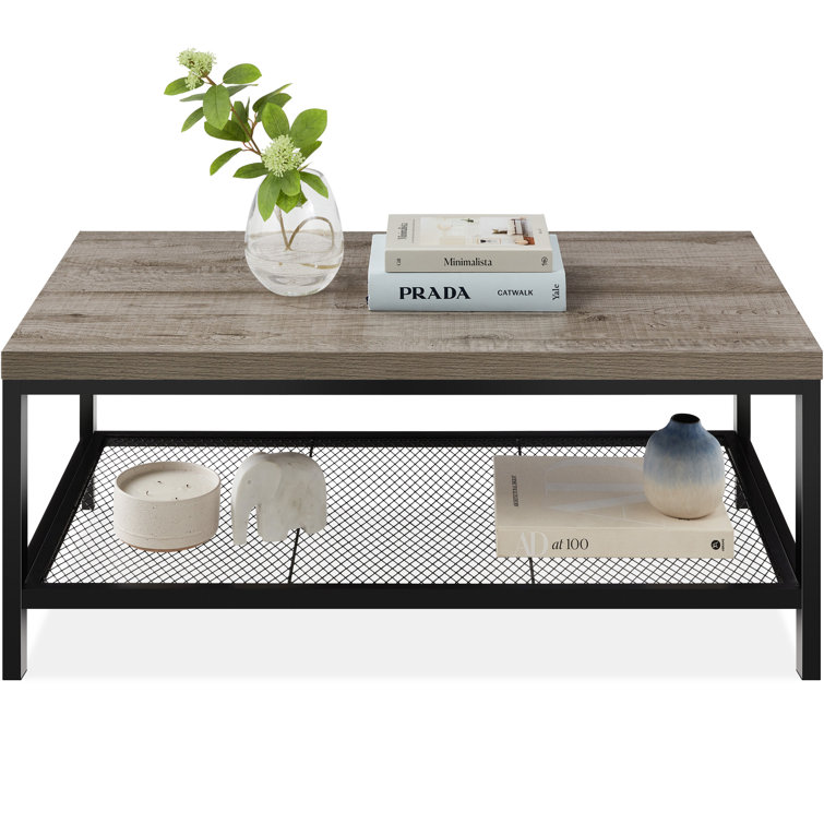 Shaunda 44in 2-Tier Modern Industrial Rectangular Wood Coffee Table w/ Mesh Shelf, Metal Frame - Chic Decora