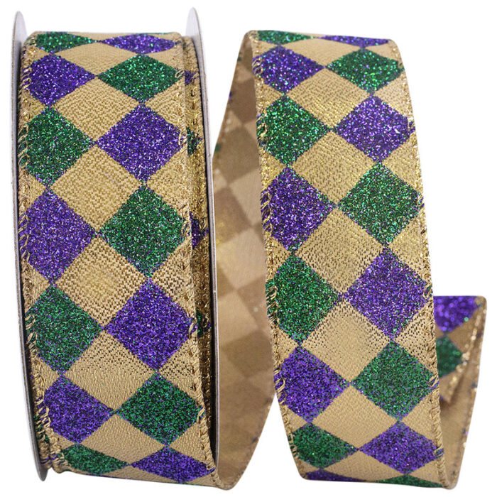 1-1/2″X10yd Multi Mardi Gras Diamond Glitter Metallic Wired Edge Rd Ribbon - Chic Decora