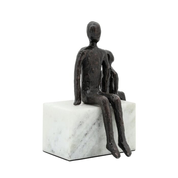 10″ Metal Sculpture of Dad and Son Sitting Together Black and White Metal and Marble Father Son - Chic Decora