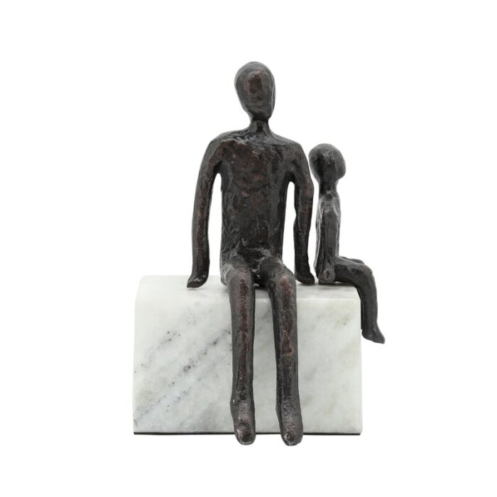 10″ Metal Sculpture of Dad and Son Sitting Together Black and White Metal and Marble Father Son - Chic Decora