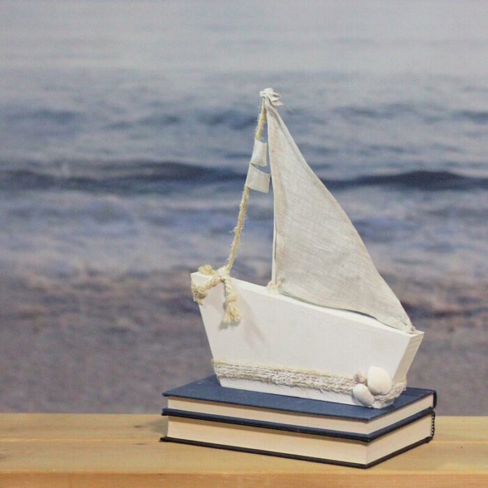 11.5″ White and Tan Cape Cod Inspired Ship with Sails Table Top Decoration - Chic Decora