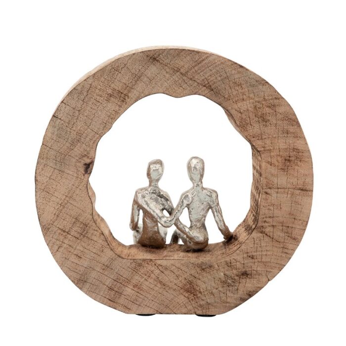 11″H Aluminum Couple Sculpture in Mango Wood, Elegant Silver and Brown Home Decor Accent Figurine - Chic Decora