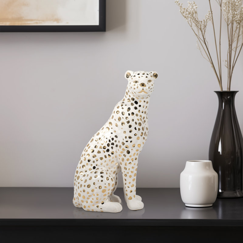 11″ Sitting Leopard Sculpture Contemporary Glam Ceramic White and Gold Decorative Animal Figurine - Chic Decora