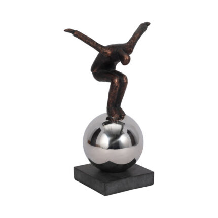 12″ Bronze and Copper Man Sculpture, Contemporary Artistic Statue of Man Balancing on Sphere - Chic Decora