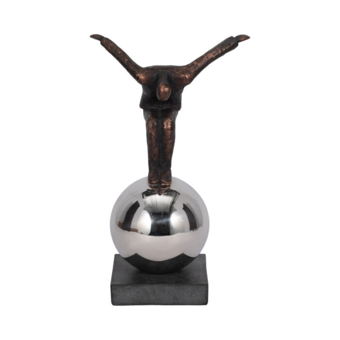 12″ Bronze and Copper Man Sculpture, Contemporary Artistic Statue of Man Balancing on Sphere - Chic Decora