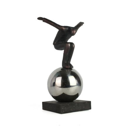 12″ Bronze and Copper Man Sculpture, Contemporary Artistic Statue of Man Balancing on Sphere - Chic Decora