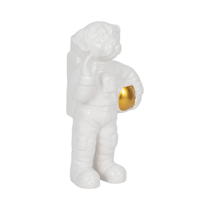 12″ Ceramic Astronaut Dog Sculpture Contemporary Modern White and Gold Astro Space Dog Statuette - Chic Decora