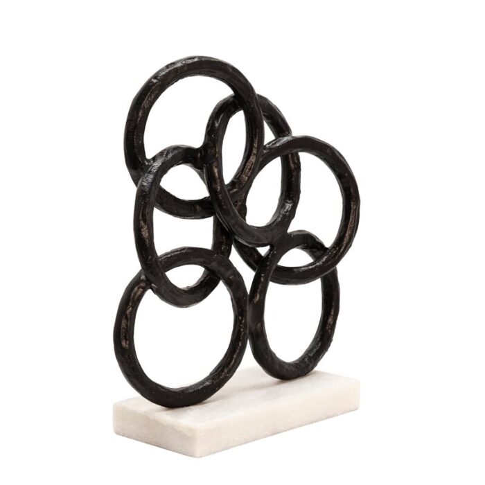 13″ Metal Ring Sculpture – Contemporary Abstract Black Ring – Aluminum and Marble Home Decor Statue - Chic Decora