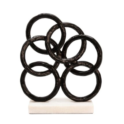 13″ Metal Ring Sculpture – Contemporary Abstract Black Ring – Aluminum and Marble Home Decor Statue - Chic Decora