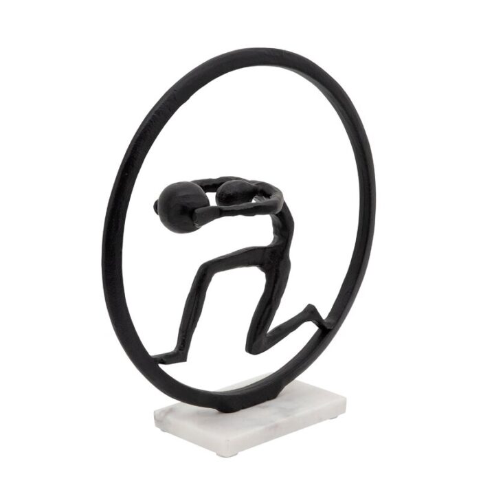 14″ Man with Ball Ring Sculpture Contemporary Black Metal Sculpture on Marble Base - Chic Decora