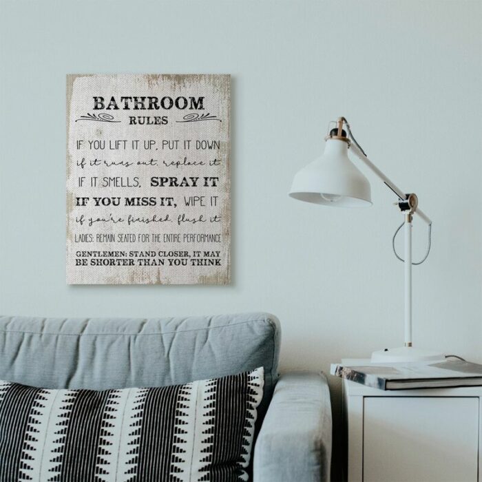 ” Bathroom Rules Funny Word Wood Textured Design “ - Chic Decora