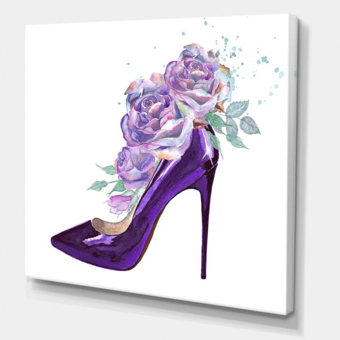 ” Dark Purple Stiletto Shoe With Pink Violet Roses ” Painting Print - Chic Decora