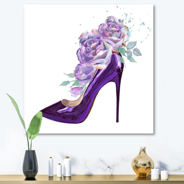 ” Dark Purple Stiletto Shoe With Pink Violet Roses ” Painting Print - Chic Decora